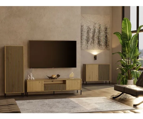 Witryna KAMARO 1DD SLIM DĄB ARTISAN Lamele Front Ryflowany-9