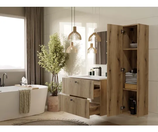 SZAFKA POD UMYWALKĘ TIGO 80 2S DĄB EVOKE 2 SZUFLADY RYFLOWANY FRONT WISZĄCA-3
