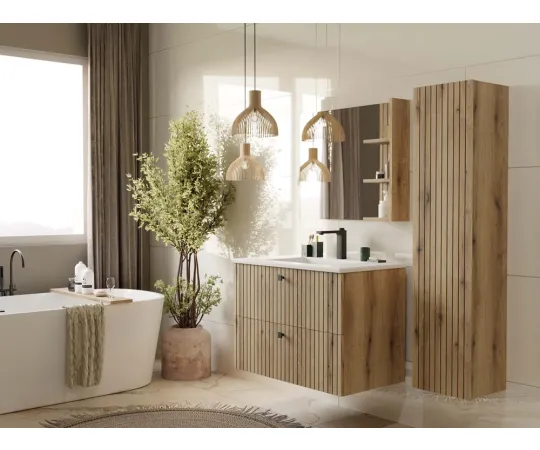 SZAFKA POD UMYWALKĘ TIGO 80 2S DĄB EVOKE 2 SZUFLADY RYFLOWANY FRONT WISZĄCA-4