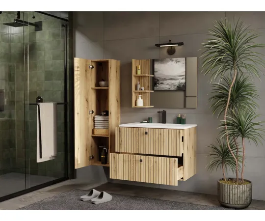 SZAFKA POD UMYWALKĘ TIGO 80 2S DĄB EVOKE 2 SZUFLADY RYFLOWANY FRONT WISZĄCA-7