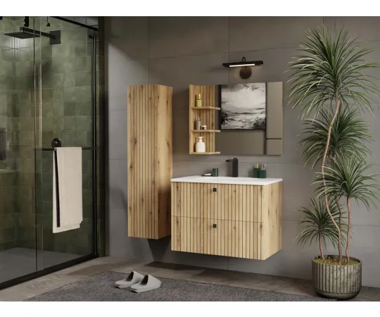 SZAFKA POD UMYWALKĘ TIGO 80 2S DĄB EVOKE 2 SZUFLADY RYFLOWANY FRONT WISZĄCA-8