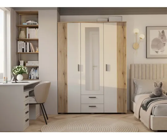SZAFA AVA 150 CM LUSTRO 2 SZUFLADY RYFLOWANY FRONT DĄB EVOKE KASZMIR BEŻ-3