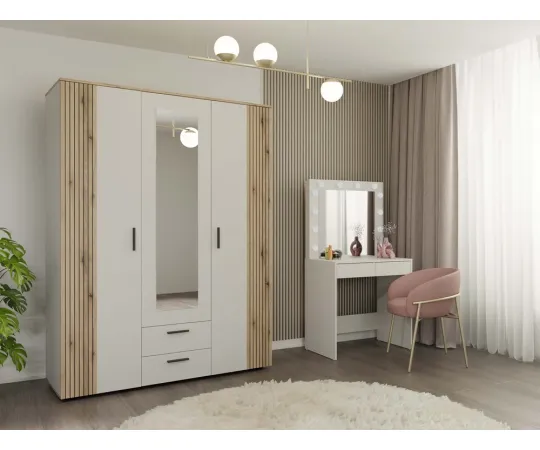 SZAFA AVA 150 CM LUSTRO 2 SZUFLADY RYFLOWANY FRONT DĄB EVOKE KASZMIR BEŻ-6