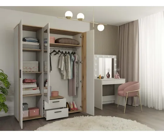 SZAFA AVA 150 CM LUSTRO 2 SZUFLADY RYFLOWANY FRONT DĄB EVOKE KASZMIR BEŻ-8