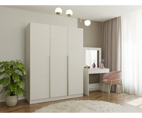 SZAFA SENSO 3D 150 CM 3 DRZWI ZŁOTE UCHWYTY DO SALONU SYPIALNI KASZMIR BEŻ-6