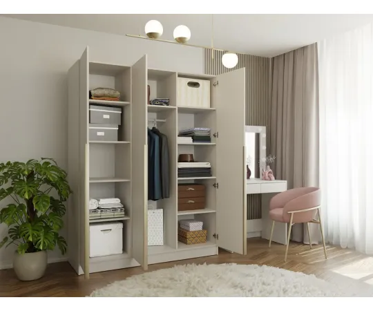 SZAFA SENSO 3D 150 CM 3 DRZWI ZŁOTE UCHWYTY DO SALONU SYPIALNI KASZMIR BEŻ-7