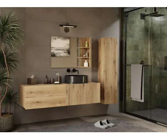 SZAFKA POD UMYWALKĘ TIGO 1D2S DĄB EVOKE 140 CM 2 SZUFLADY RYFLOWANY FRONT WISZĄCA-2