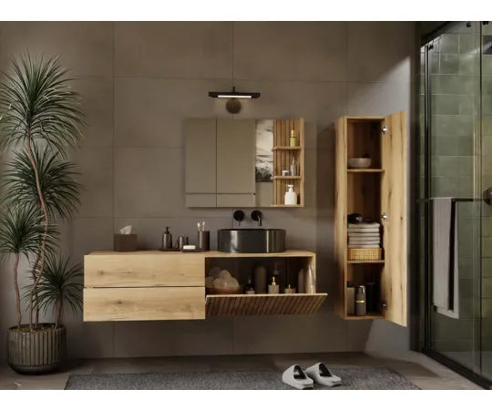 SZAFKA POD UMYWALKĘ TIGO 1D2S DĄB EVOKE 140 CM 2 SZUFLADY RYFLOWANY FRONT WISZĄCA-4